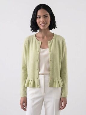 LUXE 100% Cashmere Mos Mosh Ruffle Hem Cardigan - Soft Light Green - Fits S/M